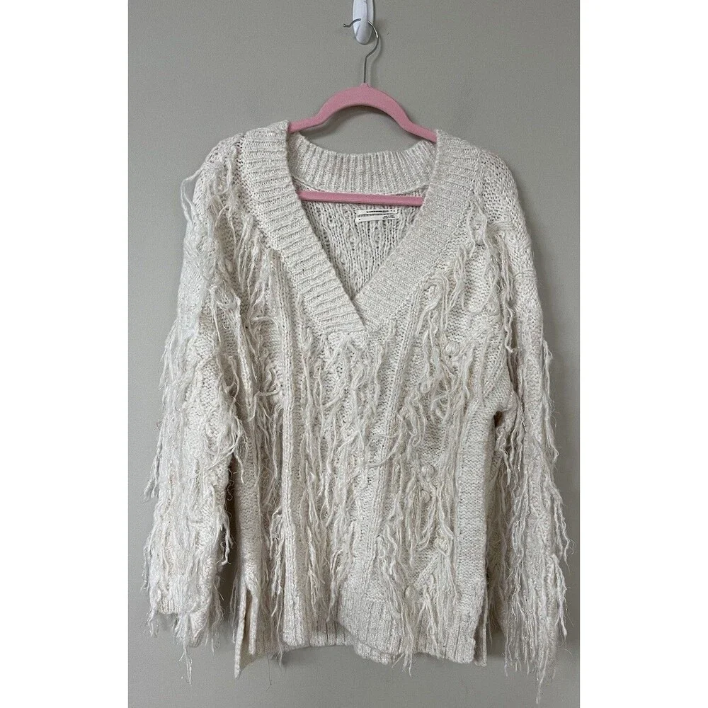 Anthropologie Fringed Boho Pullover Oversized Ivory Preppy Sweater Top Sz M New